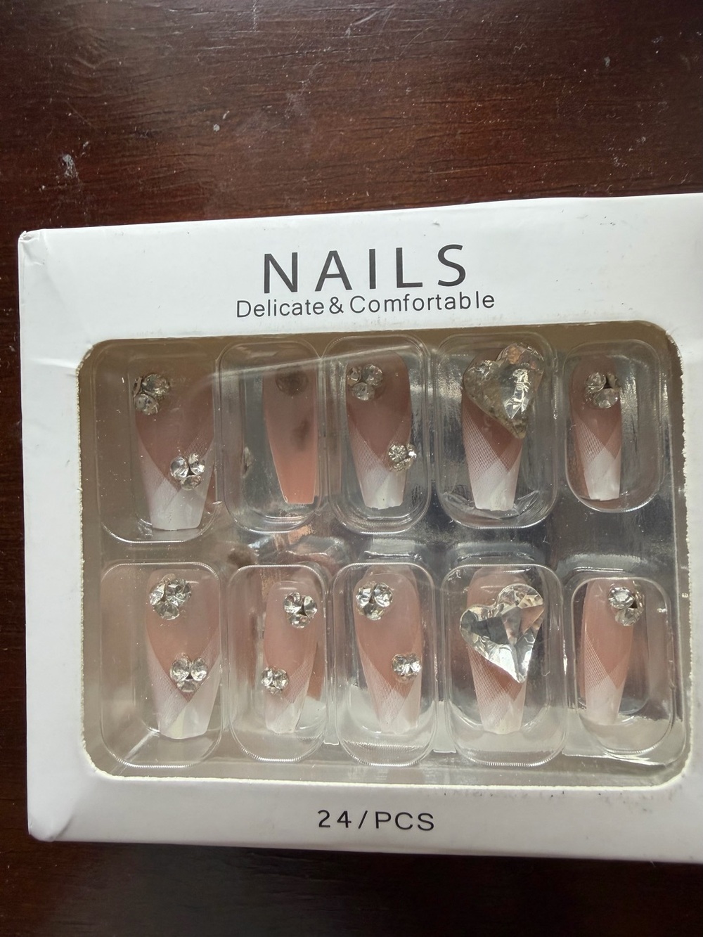 Pink French Tip Press-On Nail Set with Rhinestones